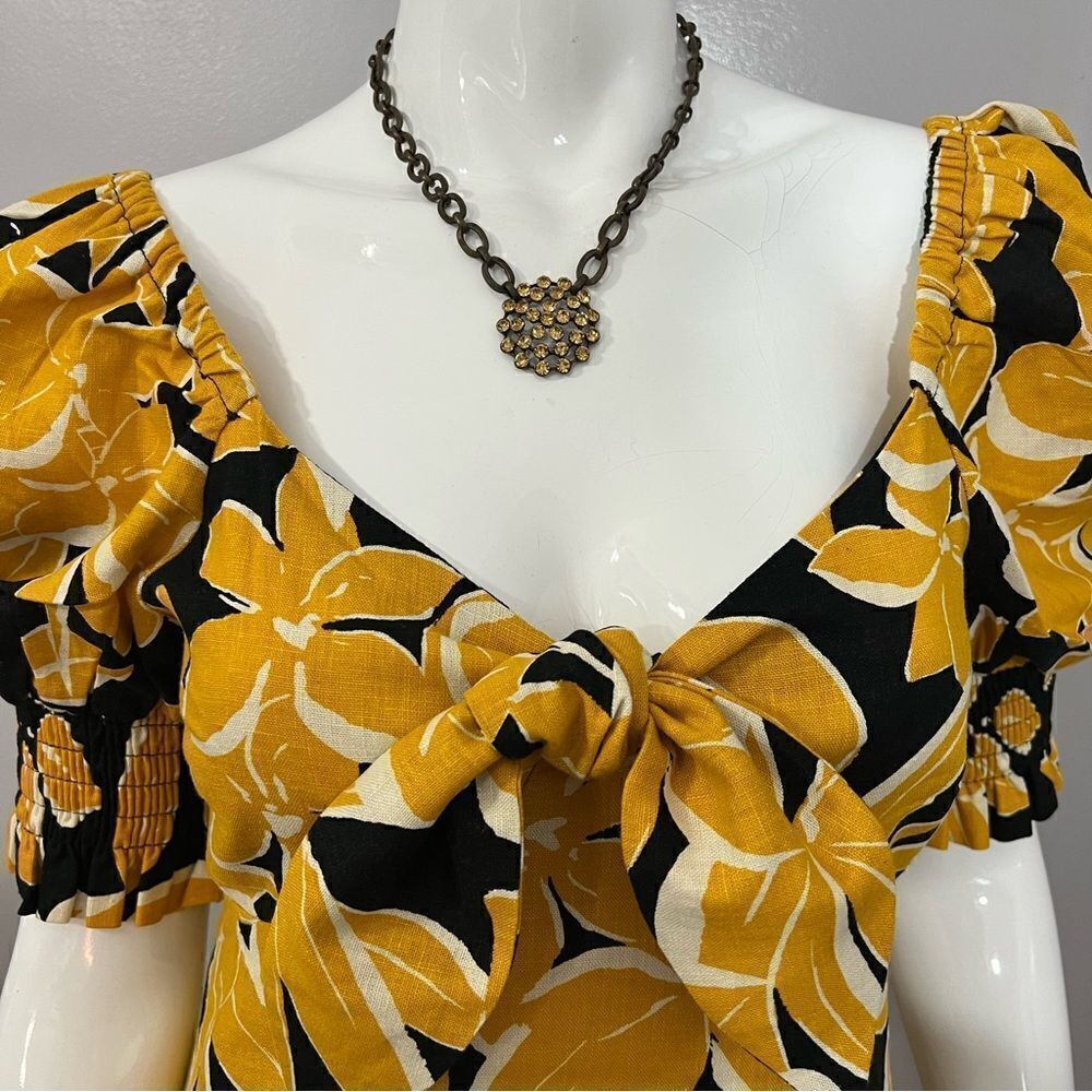 NWT Who What Wear Black/Yellow Linen Floral Print Puff Sleeve Dress - XS - Picture 9 of 16
